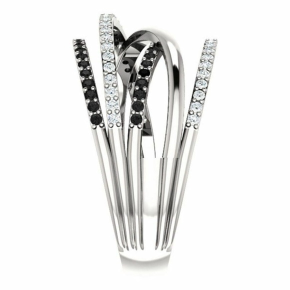 Multi Rows 925 Silver White & Black Sapphire Ring - Picture 4 of 5